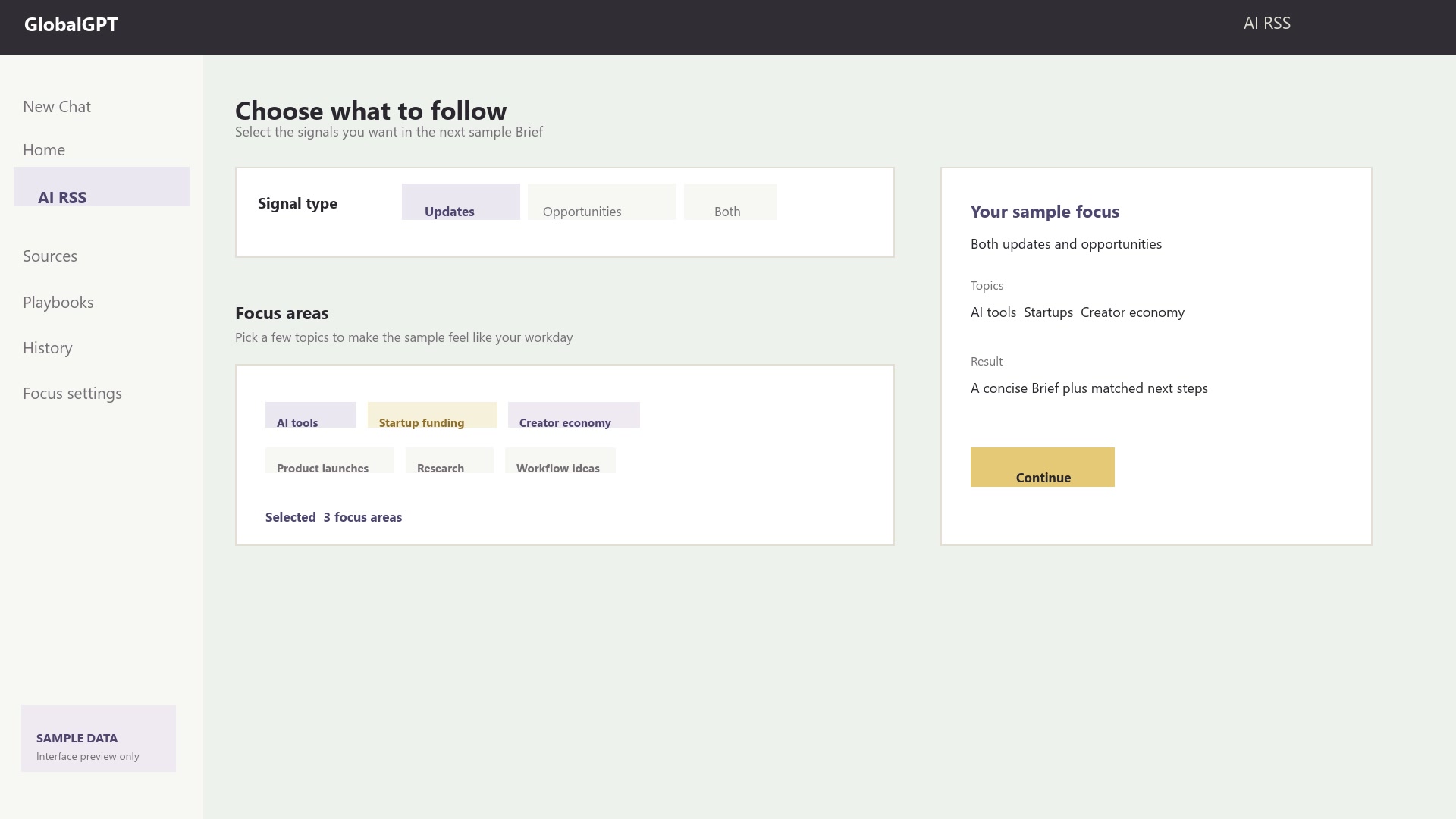 Sample AI RSS focus selection state with selected topics