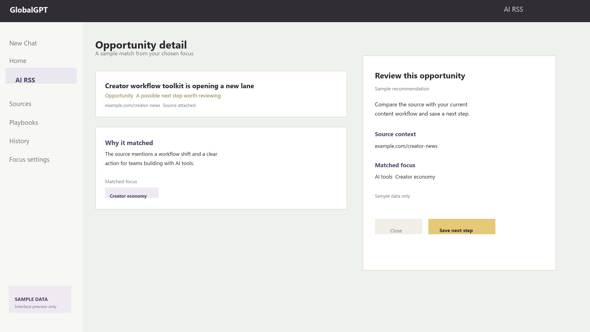 Sample AI RSS Opportunity detail with matched focus