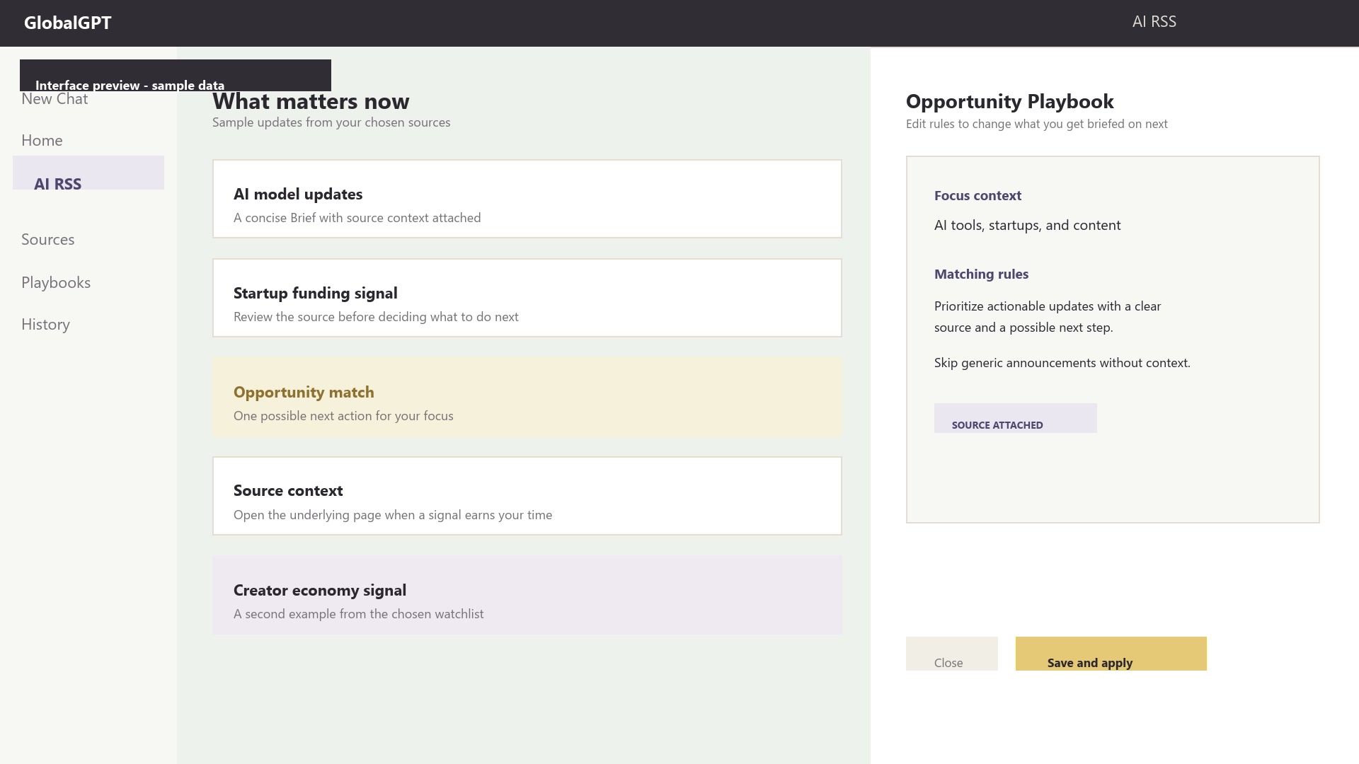 Sample AI RSS Opportunity Playbook with editable rules