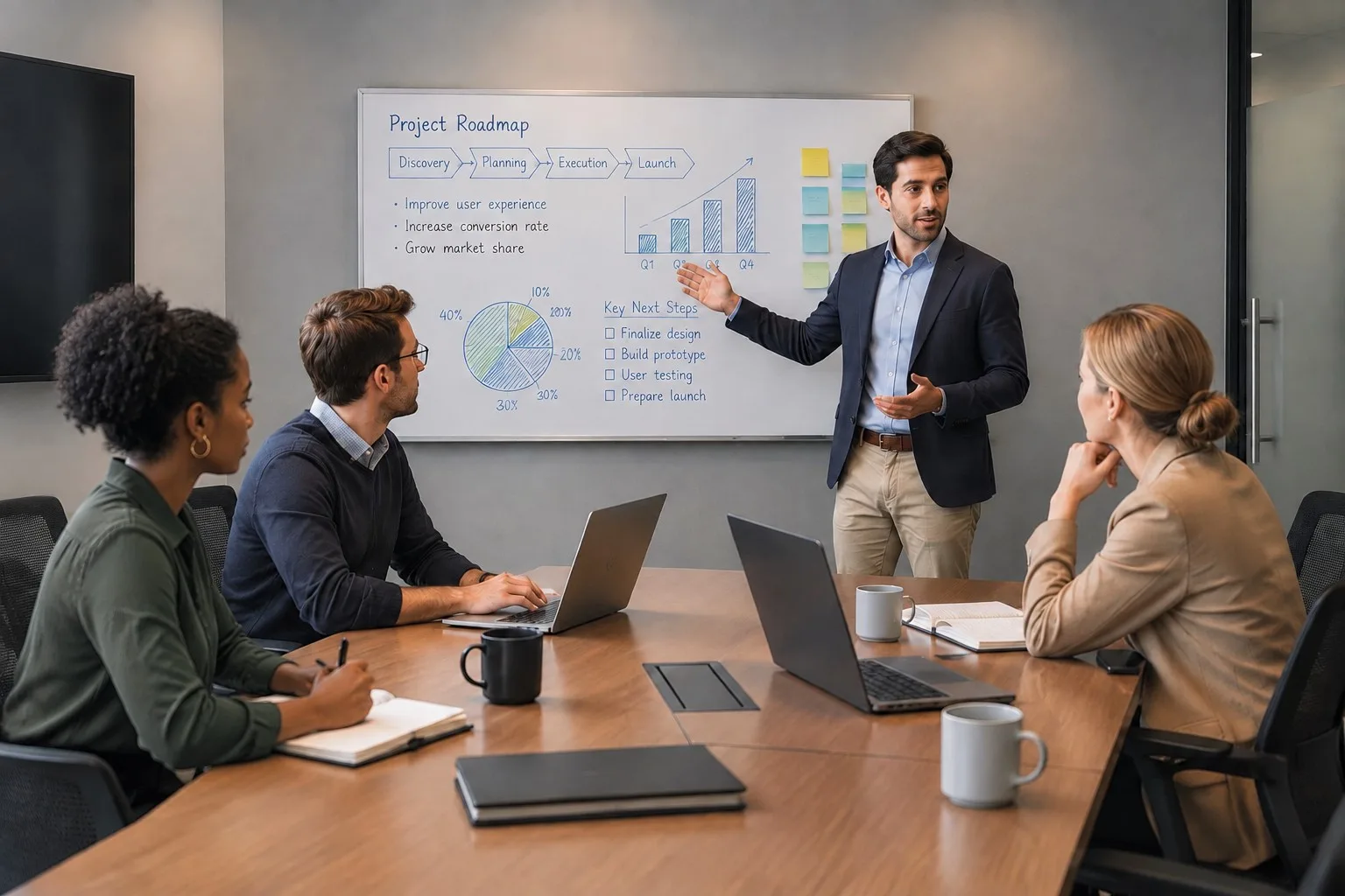Five colleagues in a meeting room, one standing at a whiteboard presenting a project roadmap